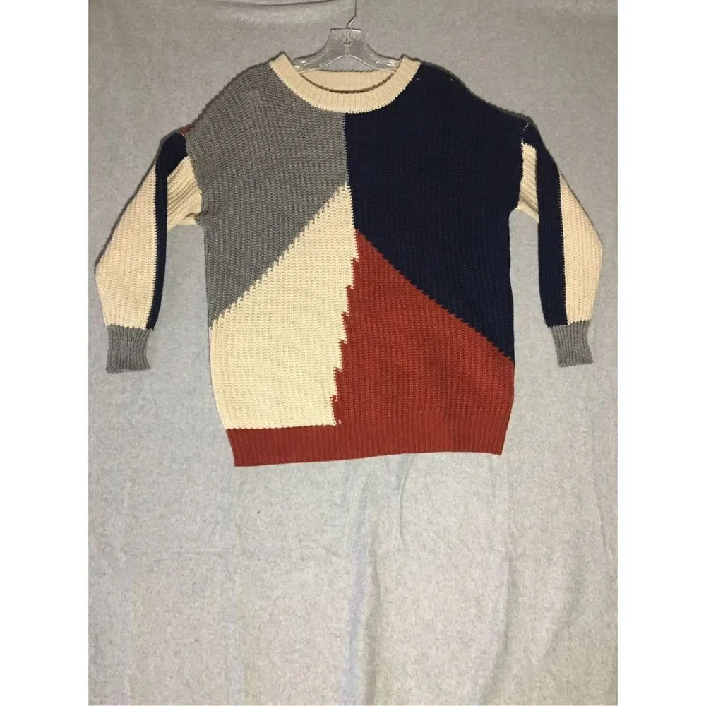 Womens Entro Sweater Size Colorblock Navy Rust Orange Tan Grey Fall Autumn